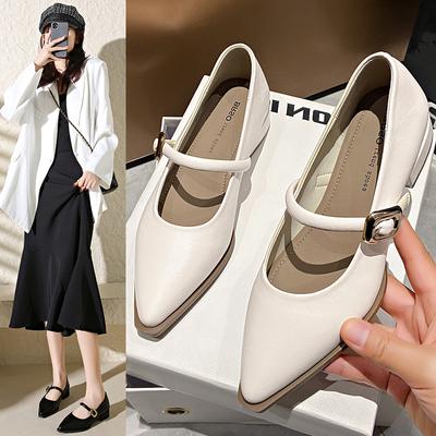 Sapatos de Bico Fino Franceses Mocassins de Salto Baixo Femininos Sapatos Mary Jane Casuais de Sola Macia e Plana