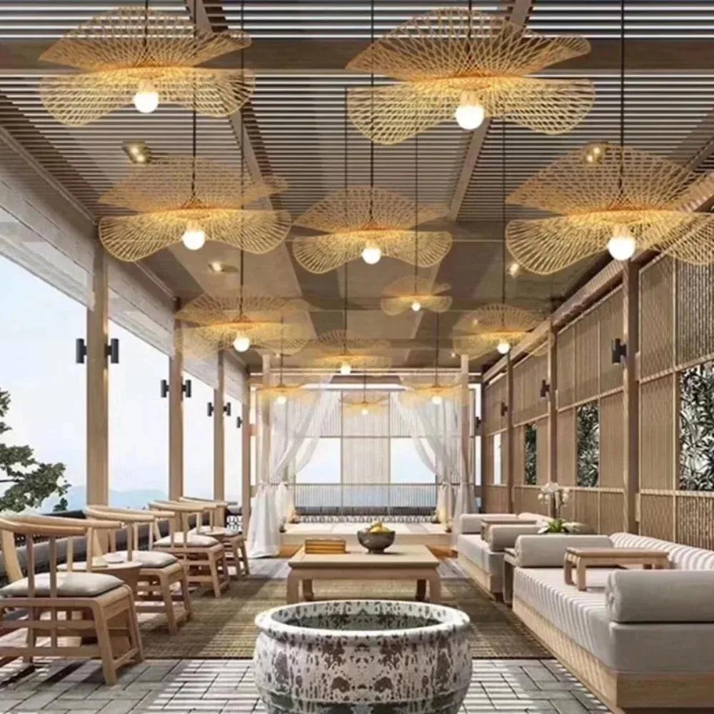 Chandelier Teahouse Rattan Lamp Handmade Cafe Bar Garden Dining Room Bedroom Wicker Rattan Lighting Fixture