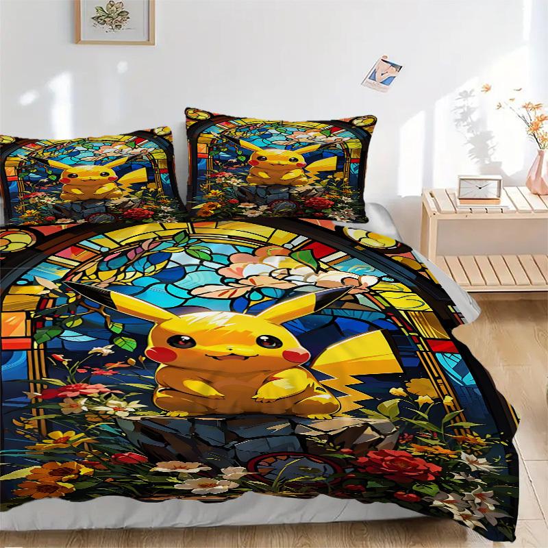 3pc Pikachu StainedGlass Bedding Set Guest Room Bedroom Decor Christmas Halloween Decor Birthday and Holiday Gifts- All Seasons 3pcs Quilt 053