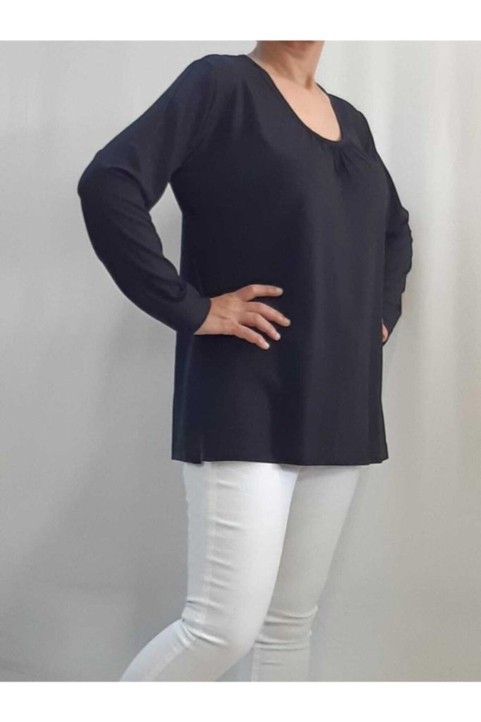 Damen Stil Übergröße T-Shirt Schwarz Langarm Gekämmte Baumwolle T-Shirt Mit Geraffter Vorderseite