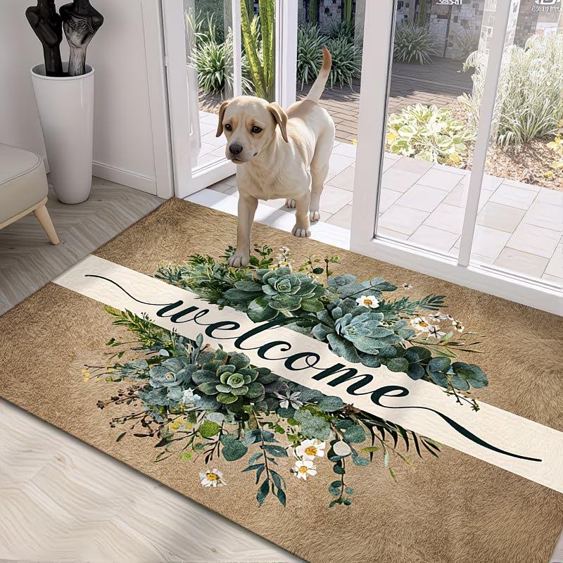 Willkommens-Fußmatte Beige & Grün Botanisches Blumendesign mit Sukkulenten & Willkommensschriftzug Innen Außen Eingangsbereich-Matte