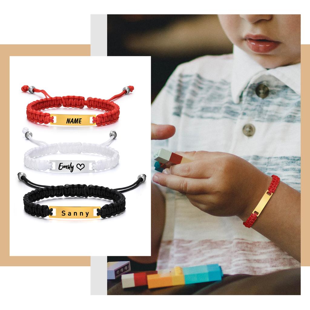 Brățară Personalizată cu Nume pentru Fată Băiat Copil, Brățară cu Șnur Împletit Reglabil și Plăcuță ID Personalizată, Gravură Cadou de Ziua de Naștere Crăciun