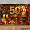 50. Geburtstag Party Banner Hintergrund, Schwarz Gold Zahl 50 Schokoladenkuchen Champagner Geschenk Rose, Polyester, Fotowand Dekoration