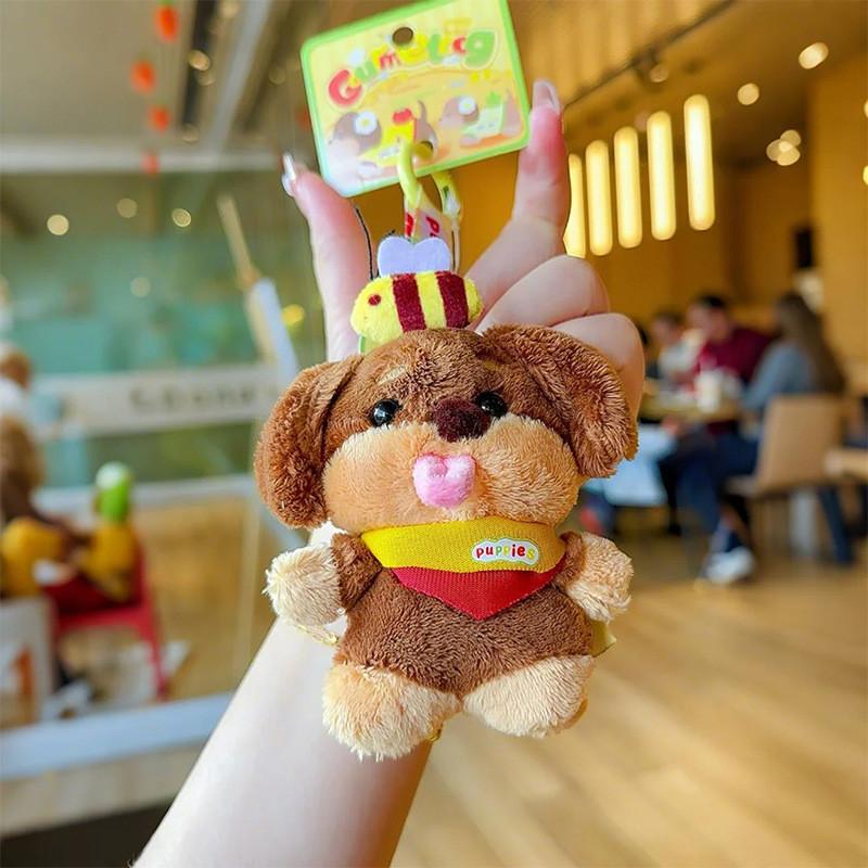 Dachshund Dog Rolled Tongue Bee Design Cute Plush Pendant Keyring Decoration
