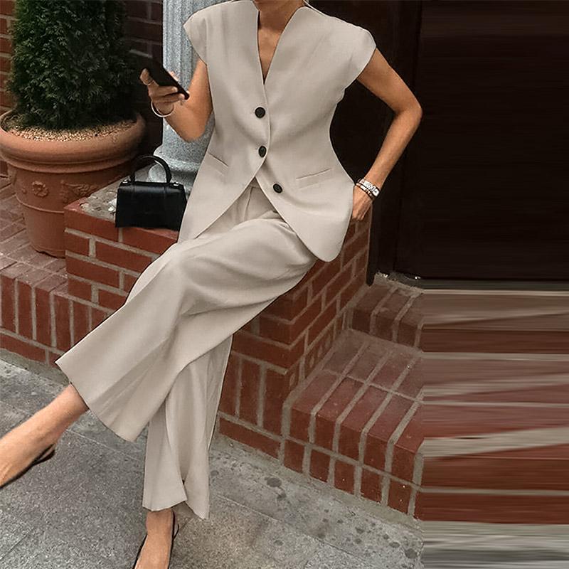 Women Causal Waistcoat Trousers Suit Spring V-neck Sleeveless Single Breasted Vest High Waist Wide Leg Pants Commute Sets