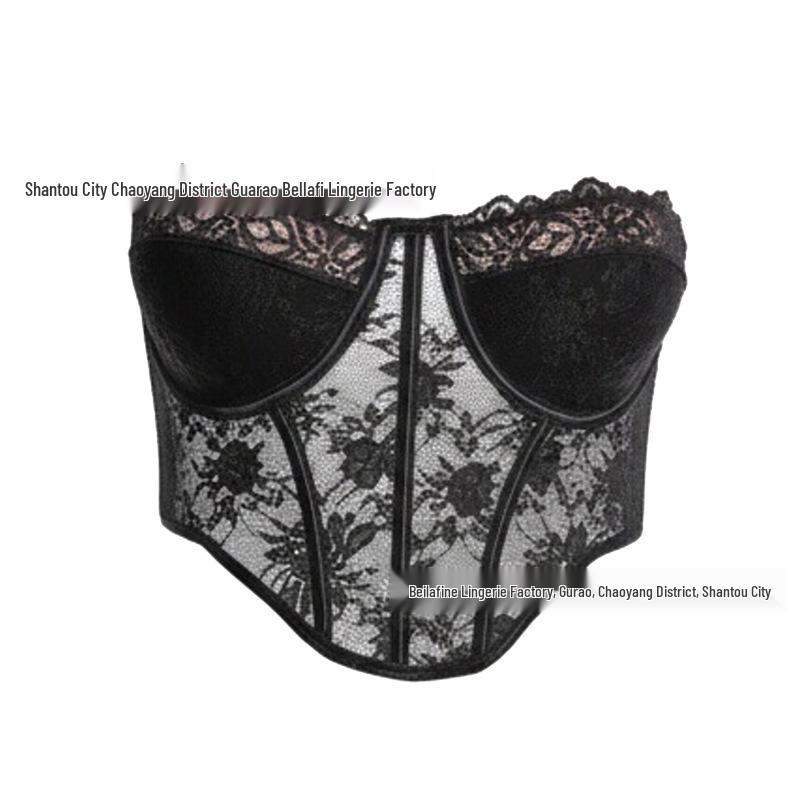 French Lace Strappy Fishbone Bra with Chest Pads - Sexy and Fashionable Top for Women Extra Large чёрный