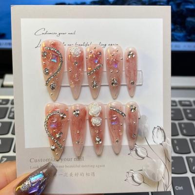 Uñas postizas de punta larga hechas a mano 100 % con forma de aguja, con diseño de camelia empanizada de almendras, fototerapia, uñas reutilizables y extraíbles
