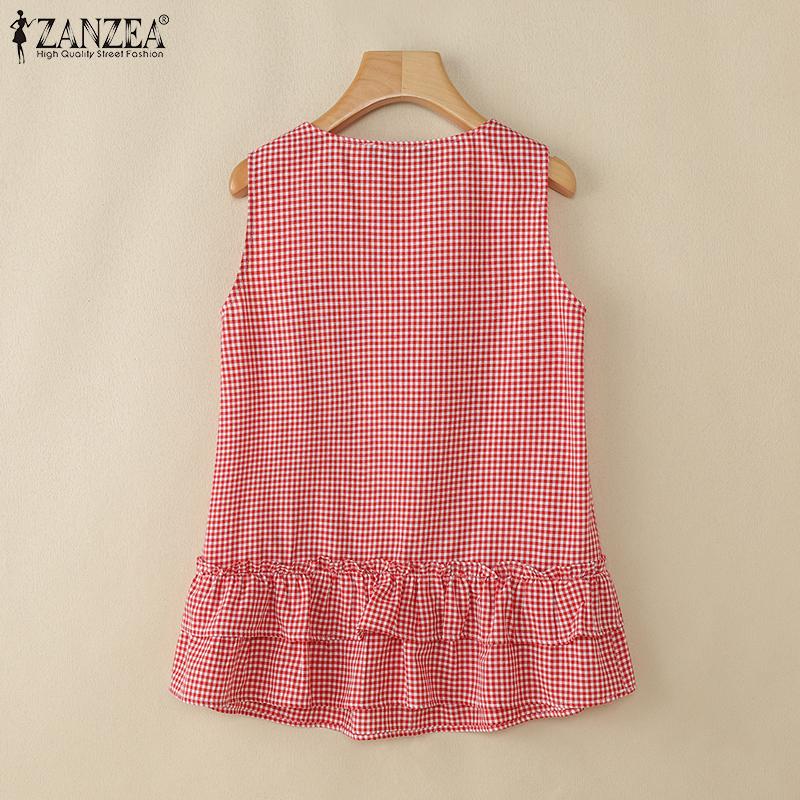 ZANZEA Womens Casual Round Neck Loose Sleeveless Grid Print Vest Tops