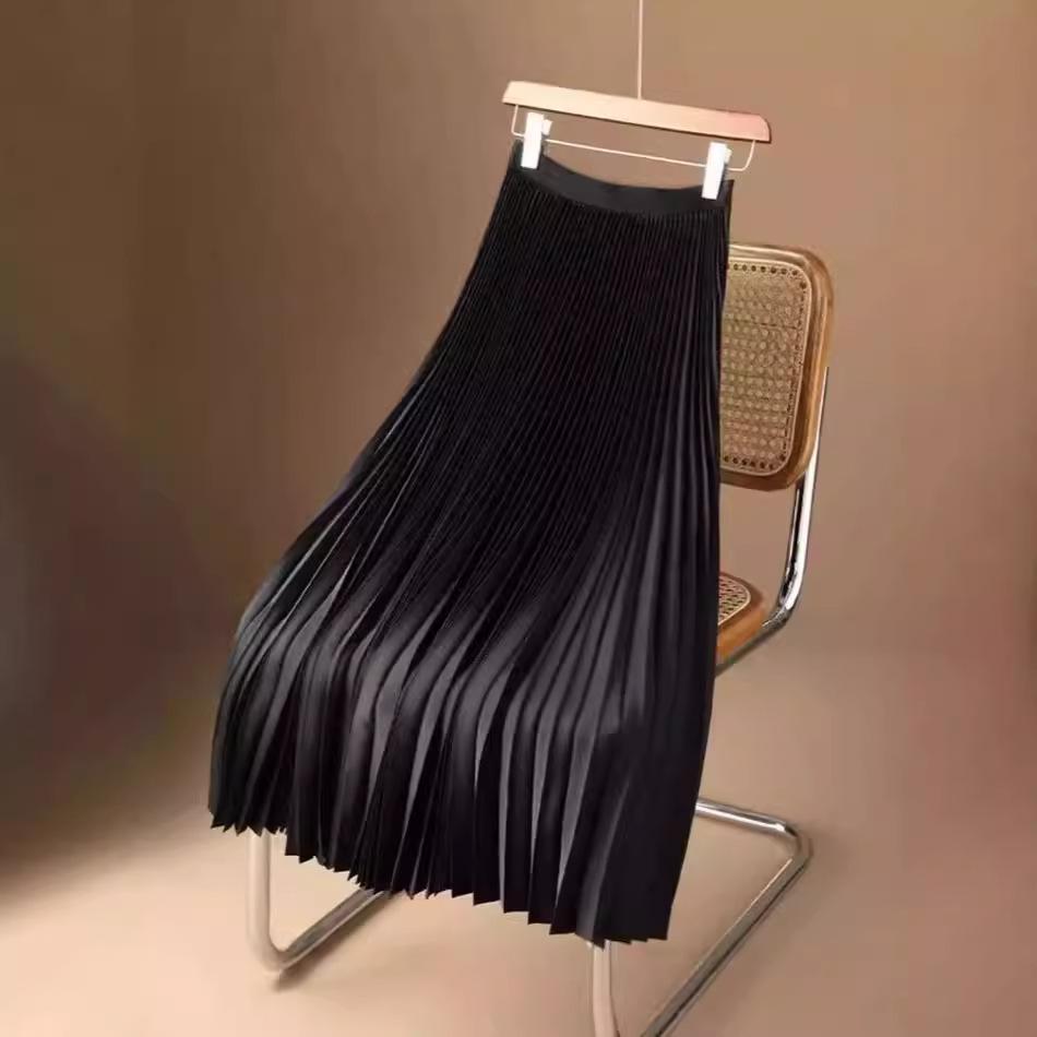 European & American Pearlescent Satin Pleated High-Waisted Swing Skirt