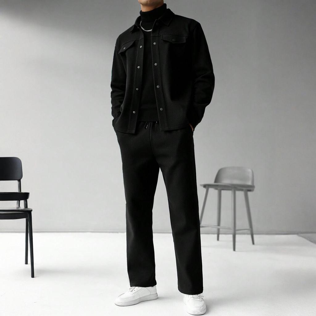 Men's Solid Color Fashion Cardigan Lapel Jacket Suit Loose Pants Long Sleeve Suit