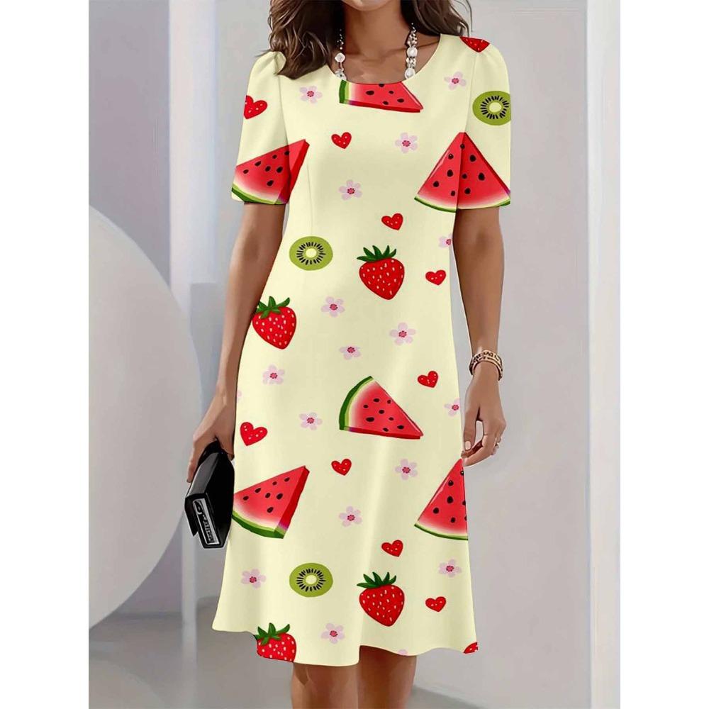 Summer Fashionable Casual Round Neck T-shirt Short Sleeved Mid Length Mini Dress Soft Comfortable Retro Versatile Party Loose 3D Printed Women's Dress