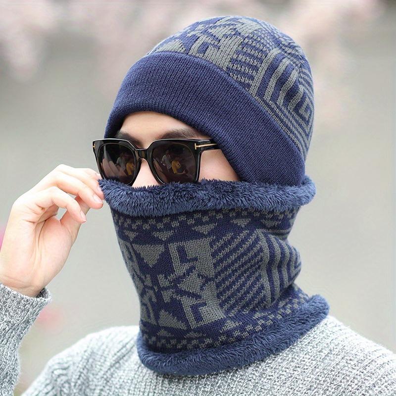 Men's Winter Beanie and Neck Warmer Set Polyester Knitted Hat with Plush Thicken Lining Cold-Resistant Outdoor Cycling Headwear