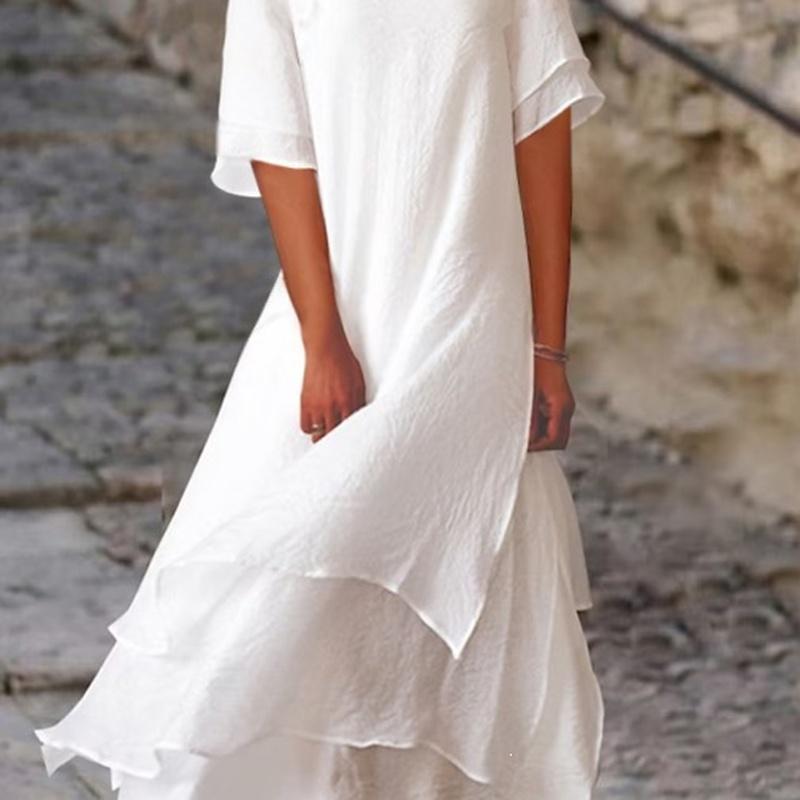 Summer Cotton Short Sleeve Round Neck Maxi Dress M