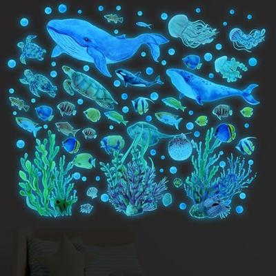 geneX Underwater Sea Creatures Wallpaper Stickers, Set of 4, Glow-in-the-Dark Wallpaper, Cute Turtle, Seaweed, Coral, and Fish, Underwater World Wall