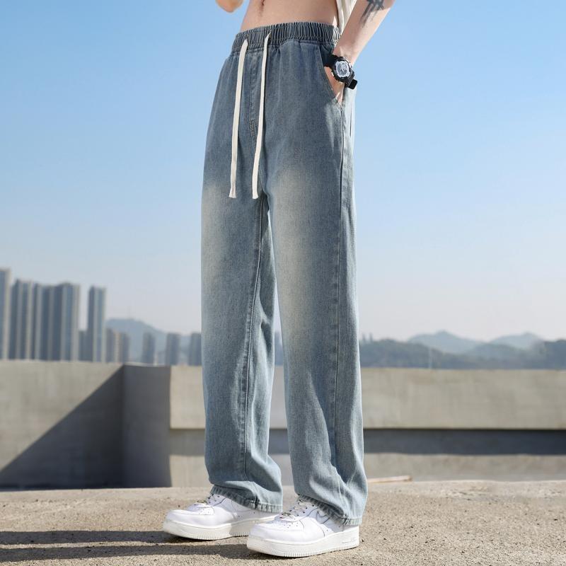 Men Ice Silk Jeans Straight Loose Fit Summer Thin American Drawstring New Elastic Waist Casual Trousers