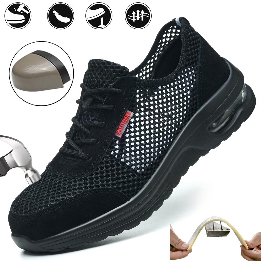 Men's Summer Steel Toe Safety Shoes Anti-Crush And Piercing Breathable Lightweight Outdoor Pure Black Work Shoes