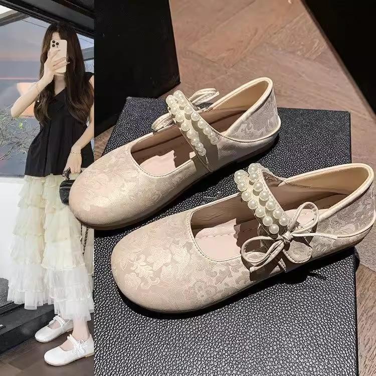 French pearl bow Mary Jane shoes women's 2025 new versatile skirt single shoes gentle wind ballet shoes