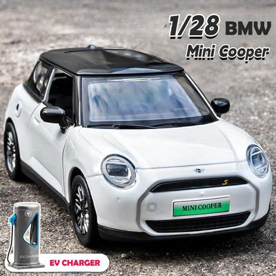 1/28 BMW Mini Cooper Alloy Car Model with EV Charger Sound Light Children Boy Diecast Toy Vehicle Collection Miniature Voiture