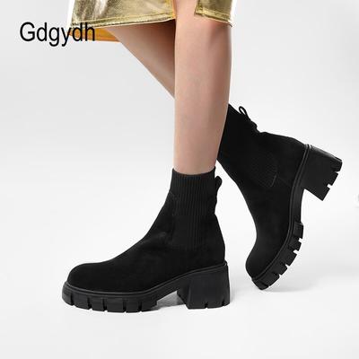 Wildleder Damen Chelsea Plateau Stiefeletten Elastischer Blockabsatz Profilsohle Stiefeletten Slip On Mittelhoher Absatz Winterschuhe
