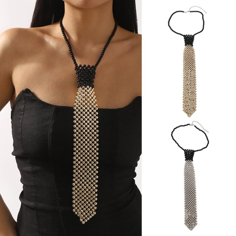 Elegant Tie Necklace with Sparkling Pearls for Formal Occasion Uniform Tie Punk Jeweled Necktie