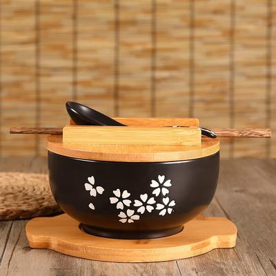 Ensemble de bols à ramen en céramique japonaise: Couvercle, Cuillère, Napperon en Bambou & Design Rétro Sous Glaçure, Grand Bol à Soupe Noir.