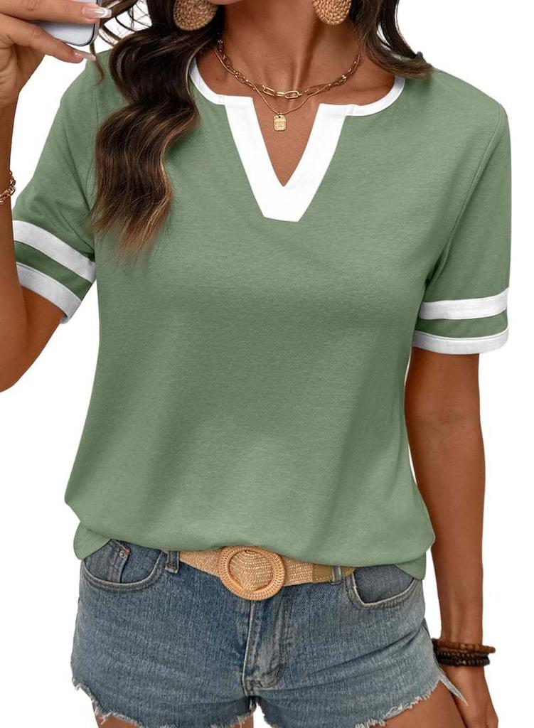 European and American Women's Summer Top V-neck Short-sleeved T-shirt Color Matching Casual T-shirt