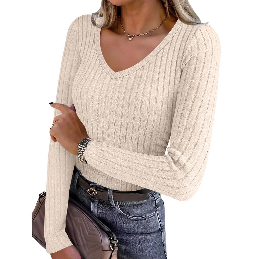 Women's Long Sleeve Knit V-Neck Pullover Top for Casual Daily Wear