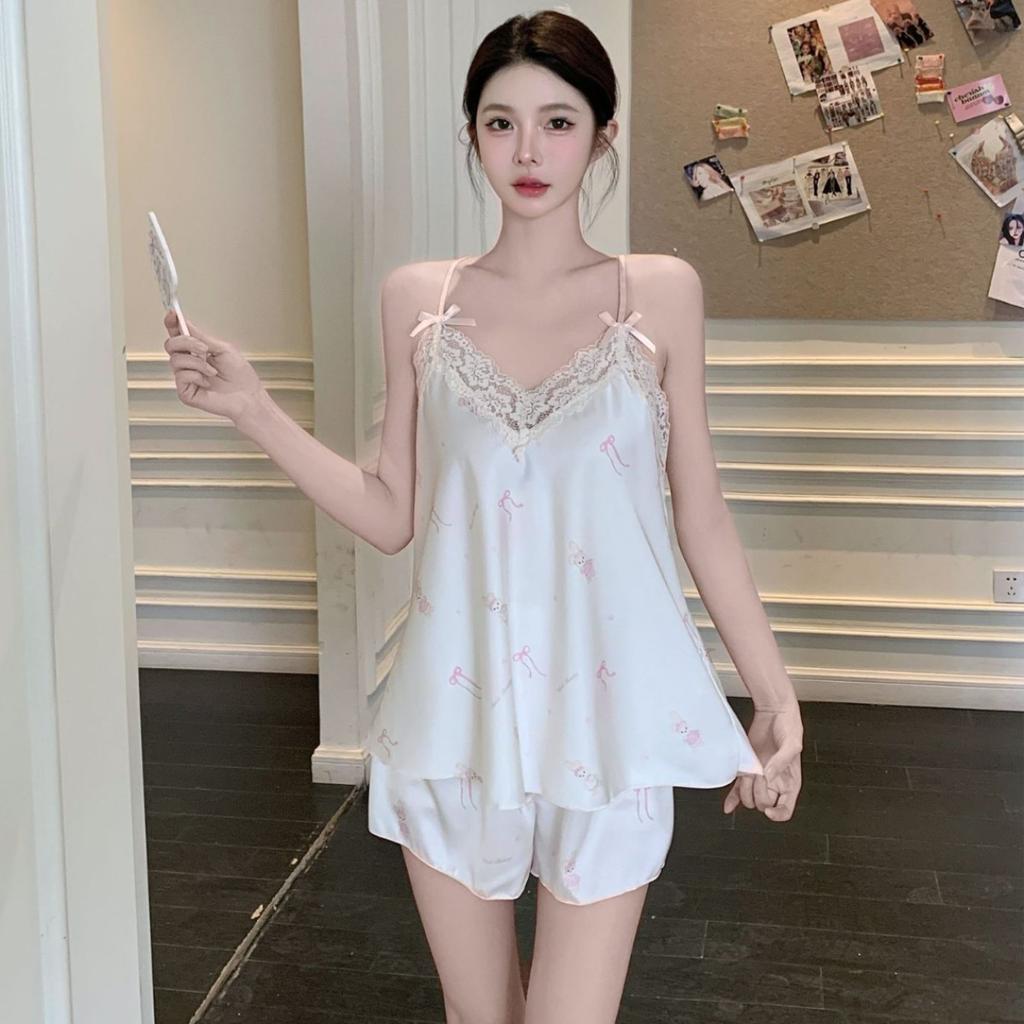 Women's summer ice silk pajamas pure desire suspender shorts loungewear printed pajamas set lace girl pink and sweet