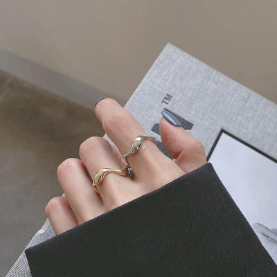 Gold-Plated S925 Sterling Silver Wave Ring for Women - Fashionable Irregular Design, Adjustable Smooth Finish
