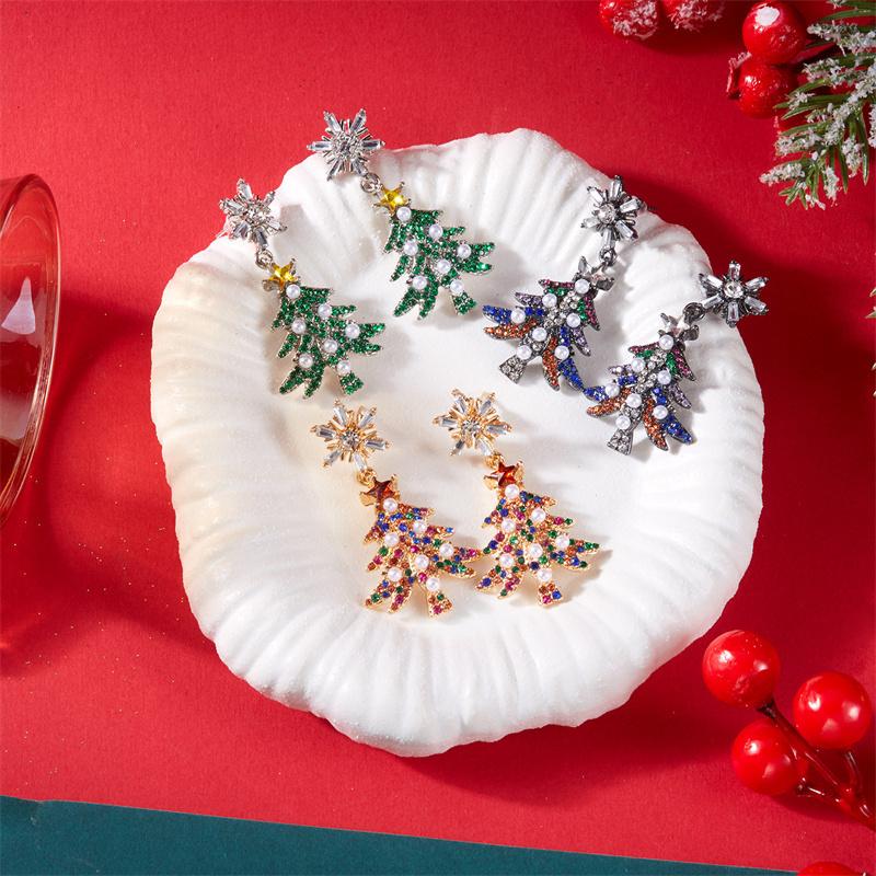 Trendy Christmas Tree Long Pendant Earrings High Temperament Fashion Zircon Jewelry Xmas Gift Collection Studs Party New Arrival