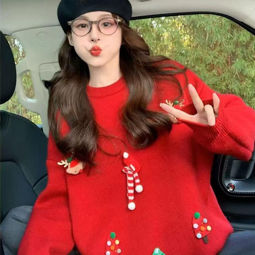 Lazy wind red pullover sweater women's 2025 Christmas autumn and winter new women's clothing casual versatile crew neck knitted sweater