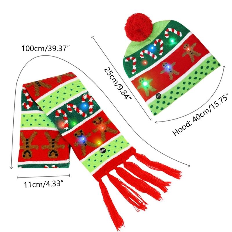 Svítící Santa čepice a šála sada Stylová vánoční pokrývka hlavy Slavnostní vánoční doplňky pro děti a dospělé