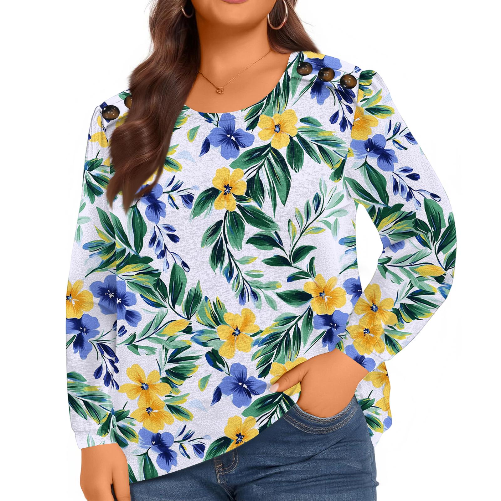 Ladies  Elegant Plaid Printed Button Plus Plus Women s Long Sleeved Top XXL