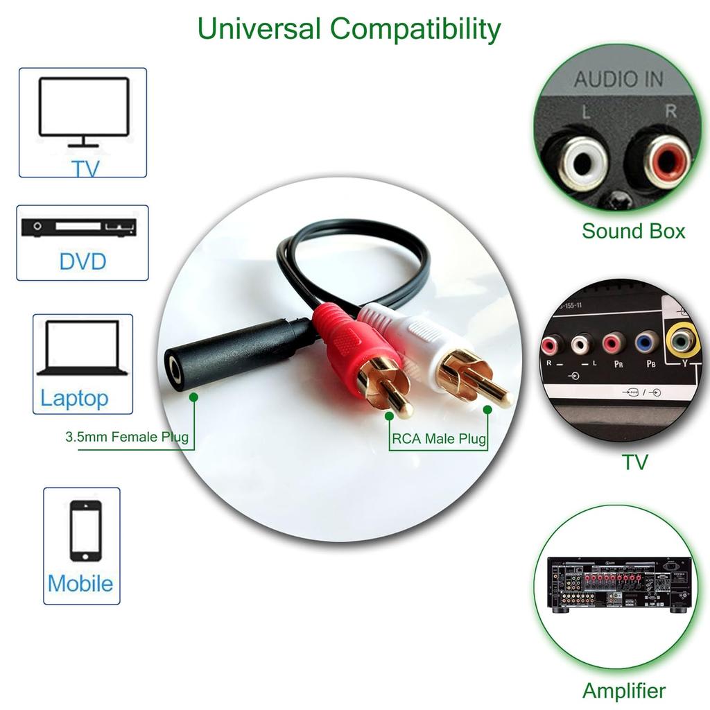 Y Connector Audio Cable 3.5mm Audio Female To 2 RCA Male Stereo Cable Compatible for TV, Smartphones, Tablets (8 Inch,2 Pack)