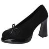 Vintage Thick Heel Bow Super High Heels Summer Temperament Suede Fashion Round Head Women Mary Jane Single Shoes