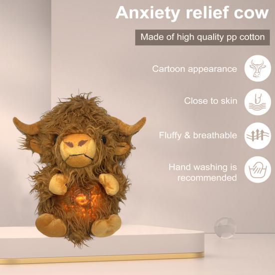 Baby Breathing Highland Cow Plush Toy with Soothing Music Light Musical Cattle Plushie Stuffed Animal Calming Doll Soother Newborn Infant