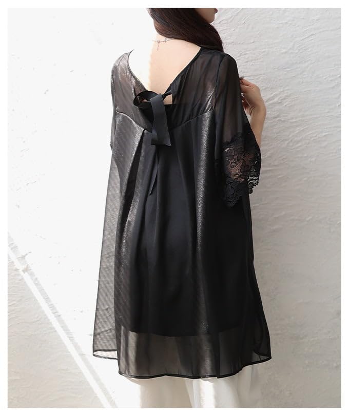 Lace Point Sheer Tunic with Back Ribbon Top Short Sleeve Lace Flared Layered Look Black Free Size Black - Women's - Sleeves, Sleeves, - -