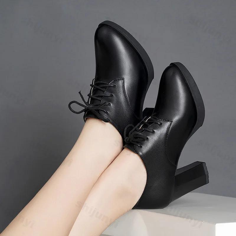 Neue Damen Pumps Schuhe PU Leder Elegant Spitz Zehenbereich Schnürung Dicke Hohe Absätze Flach Einfarbig Lässig Übergröße 43 Damenschuh