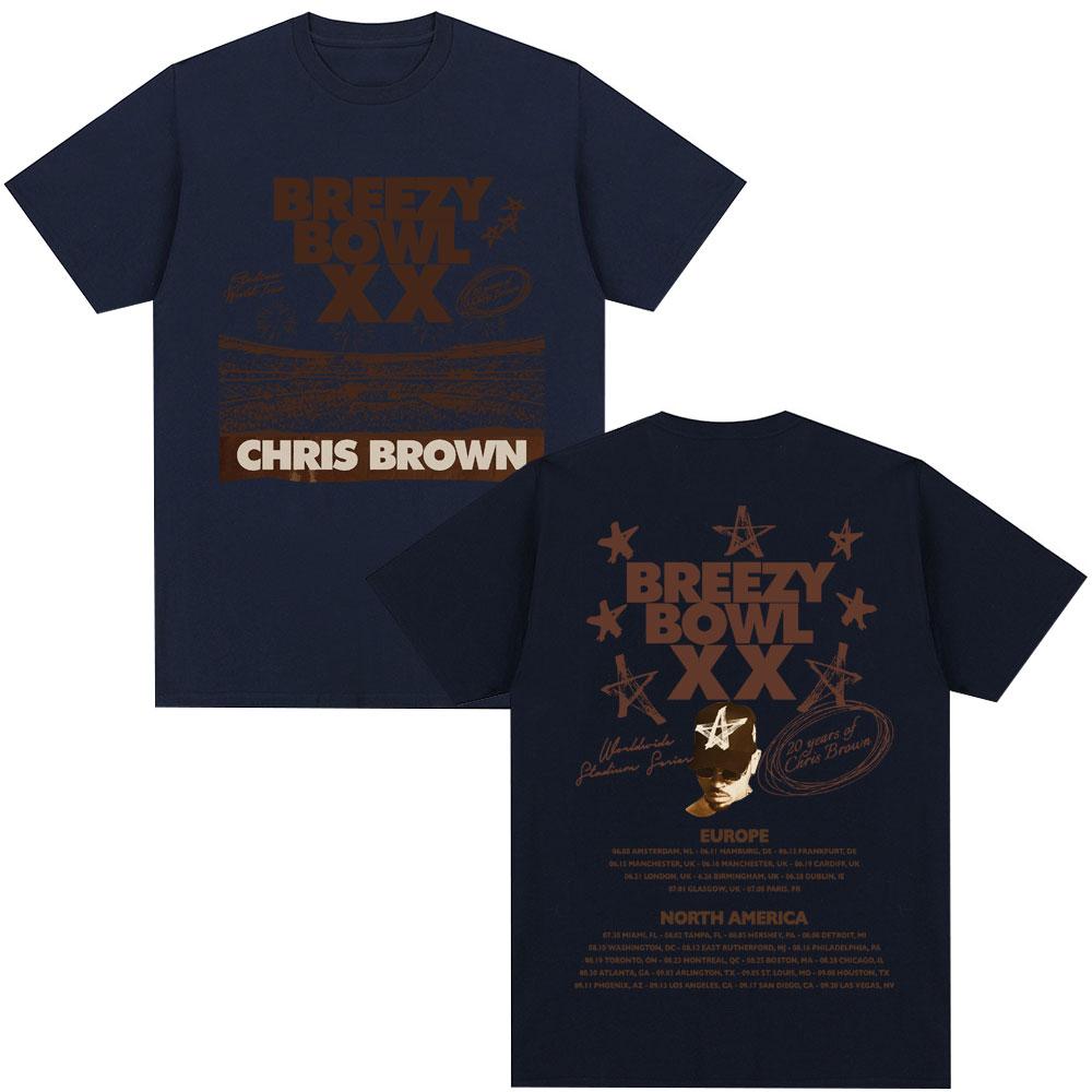 Rapper Chris Brown Breezy Bowl XX Tour 2025 T Shirt Men's Hip Hop Retro Short Sleeve Oversized Cotton Casual T-shirt Streetwear