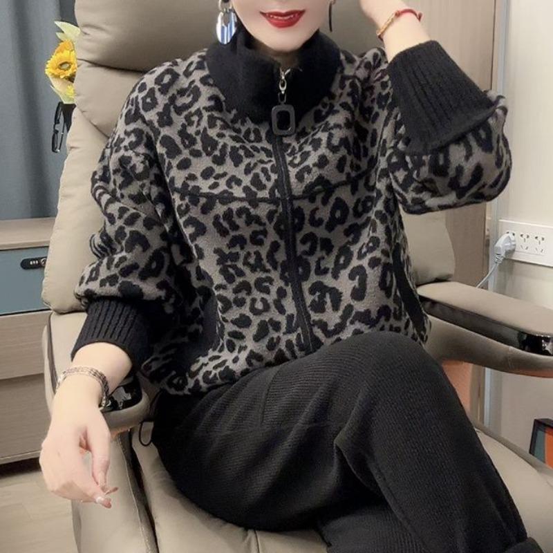 Automne Hiver Manteau Laine Imprimé Léopard Style Court Fermeture Éclair Style Coréen Mode Cardigan Haut