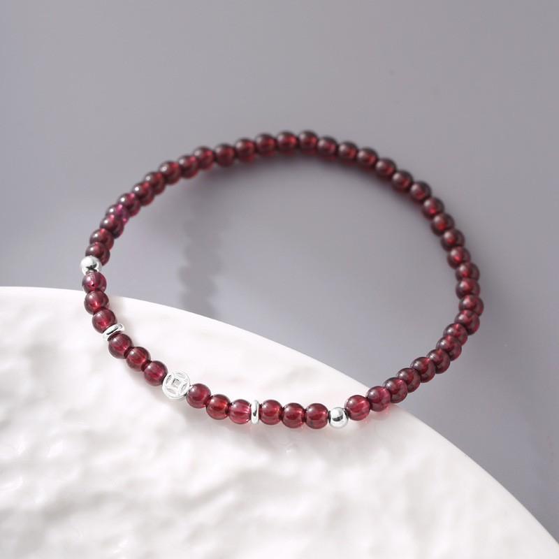 Sterling Coin Garnet Beaded Bracelet Women Minimalist Boho Style Adjustable Handmade Jewelry B3036