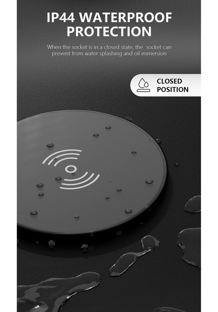 Prise hydraulique de bureau multifonction noire avec charge rapide USB A+C 18W et chargeur sans fil 15A, 250V.