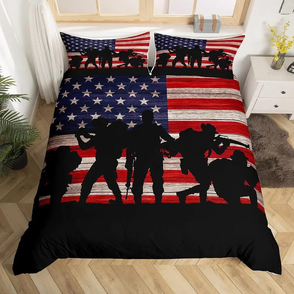 American Flag Duvet Cover Machine Gun Design Queen King Polyester Quilt USA Federations Stars Stripe Bedding Set