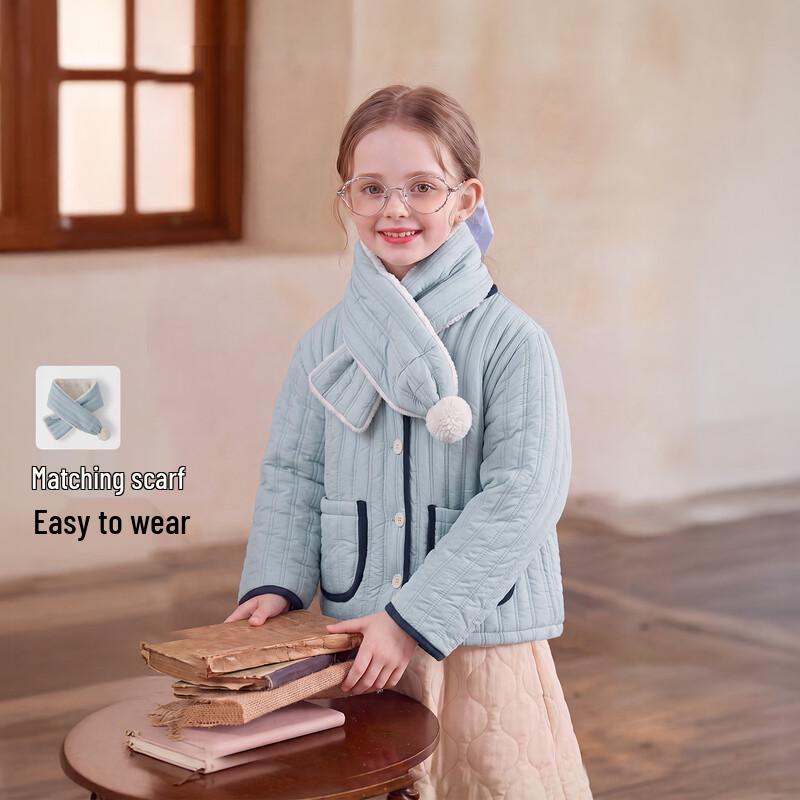 JELLYBABY Girls' Korean-Style Quilted Winter Jacket with Scarf