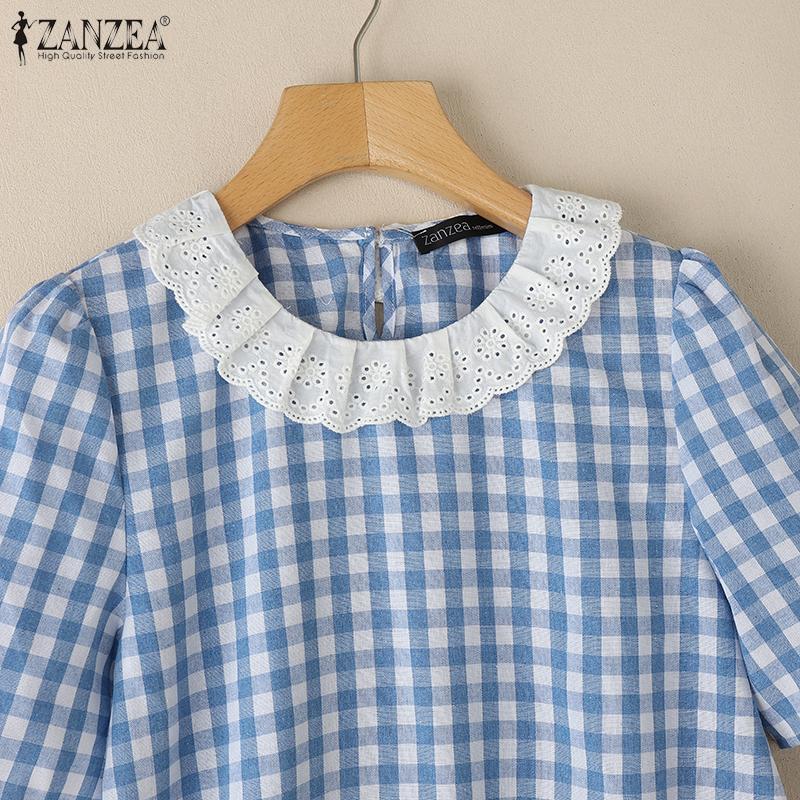 ZANZEA Damen Patchwork Rundhals Casual Kurzarm Bluse mit Karomuster