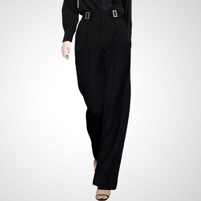 

Черные брюки с высокой посадкой, универсальные, стройнящие и прямые, повседневные, с широкими штанинами Black- S