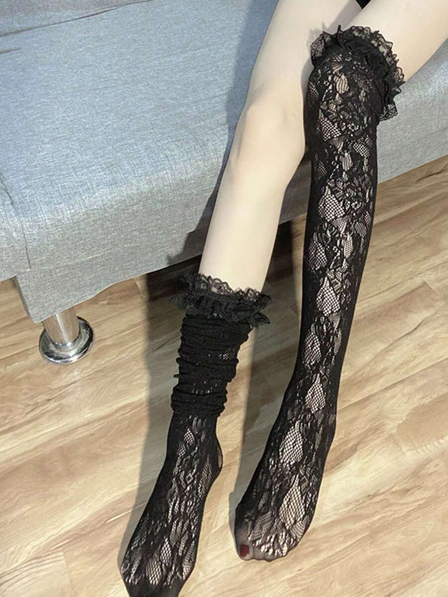 Womens Black Lace Thigh High Stockings With Ruffled Trim onesize