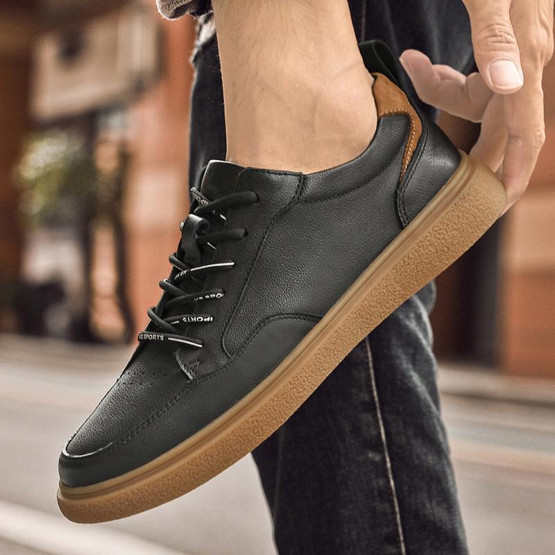 Fashion Genuine leather men's board shoes Trendy minimalist design style Daily outdoor leisure walking and exercise Handsome Black shoes