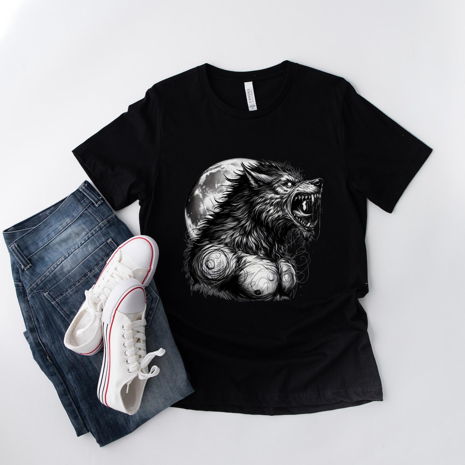 Werewolf Face Shirt: Mystical Moon Tee, Unisex Teen Clothes XL