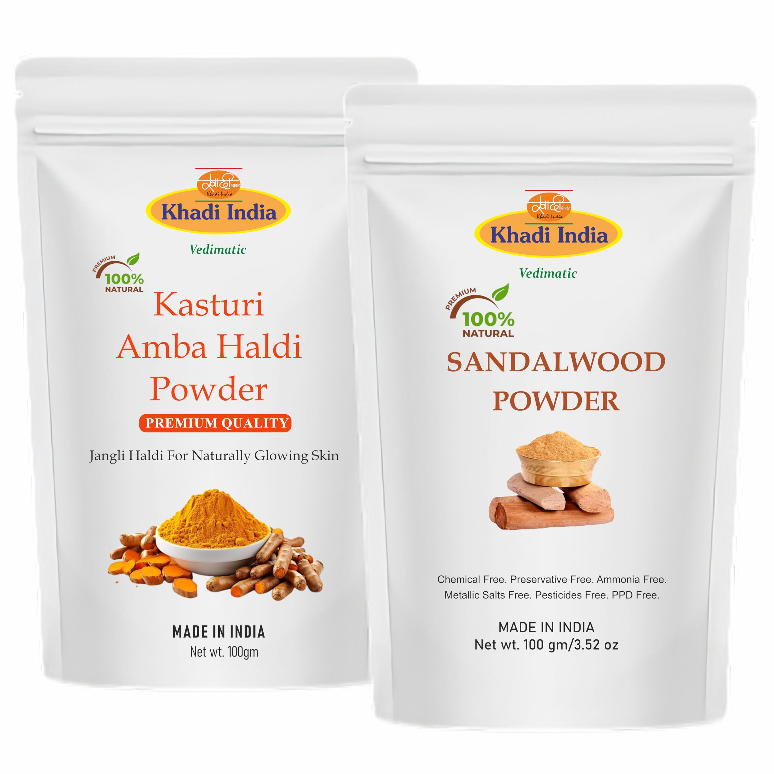 Organic Kasturi Haldi and Chandan Powder Combo- 200g(100g x 2 Pack) | sandalwood powder for face pack| amba haldi powder for Face khadi 100% herbal